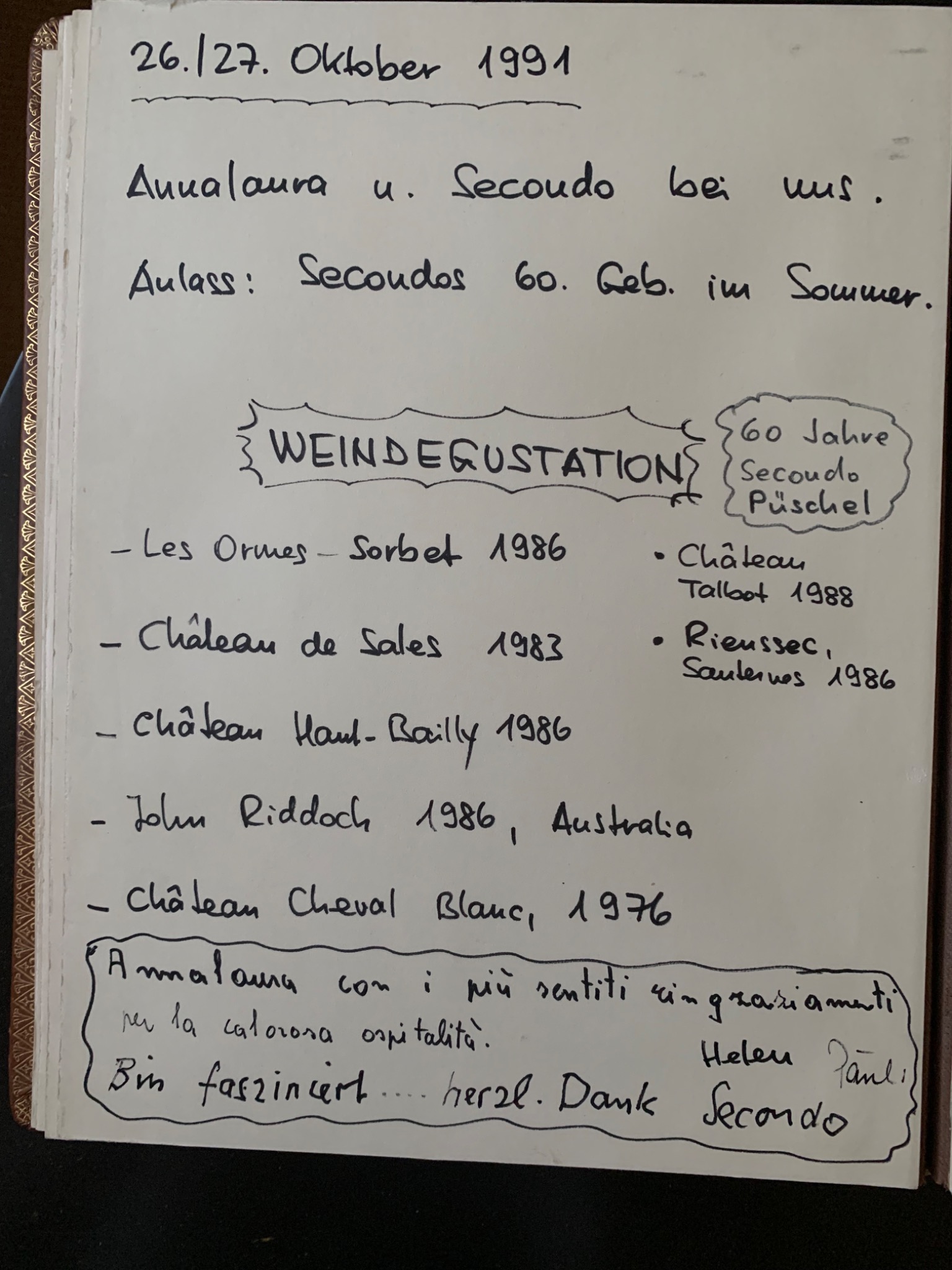 Gästebuchseite zur Weindegustation für Secondo Püschels 60. Geburtstag